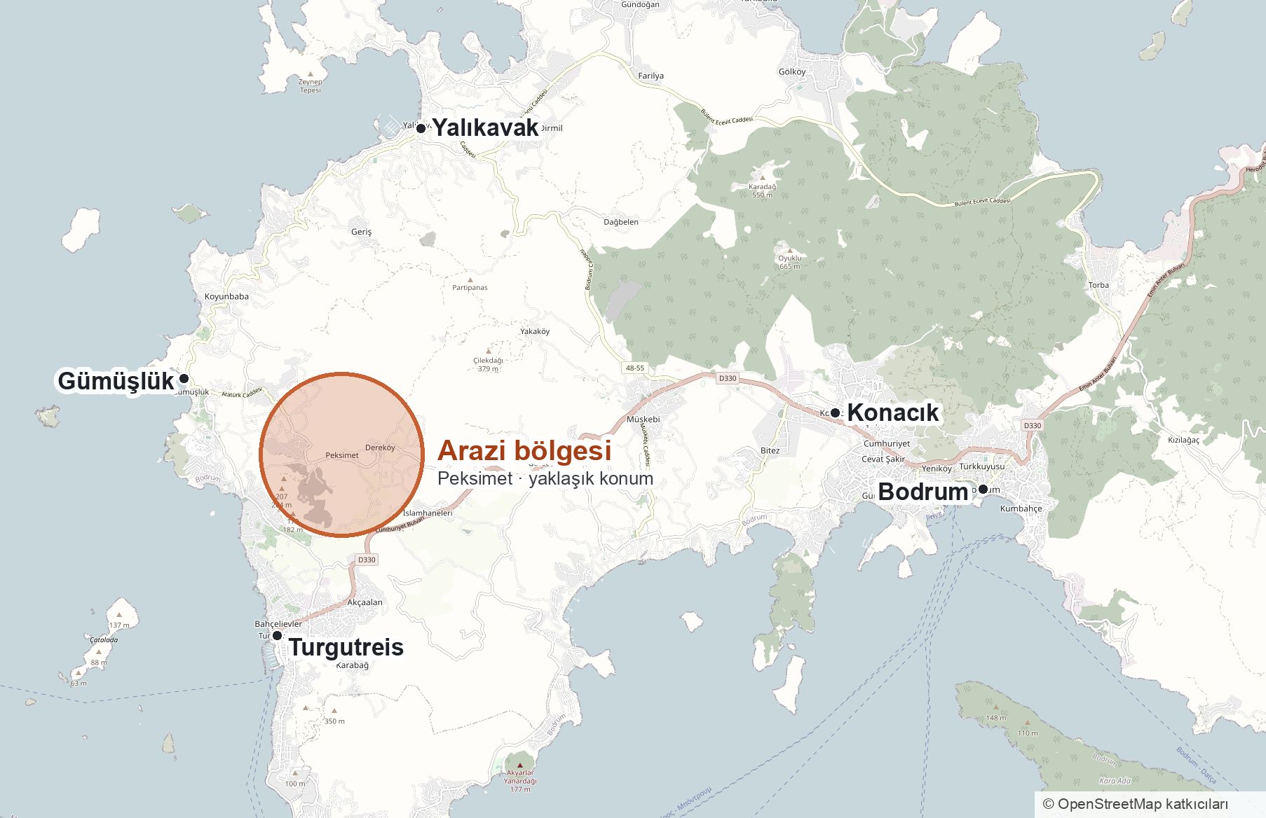 Bodrum yarımadası batısı; arazi bölgesi Peksimet çevresinde yaklaşık olarak işaretli.